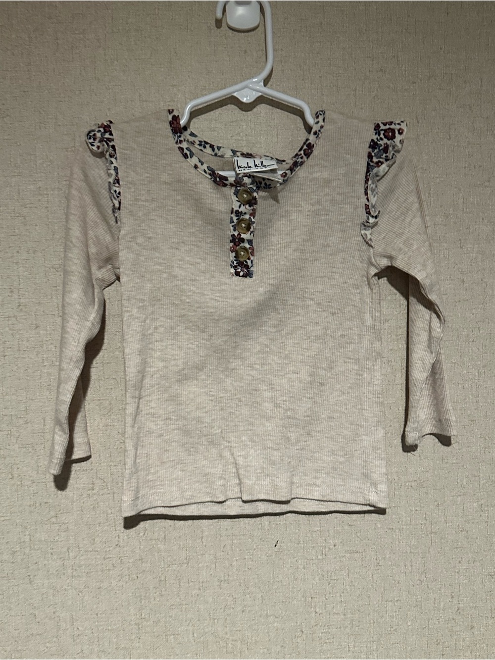 Nicole Miller New York Girls 2T Cream Long-Sleeve Top with Floral Trim